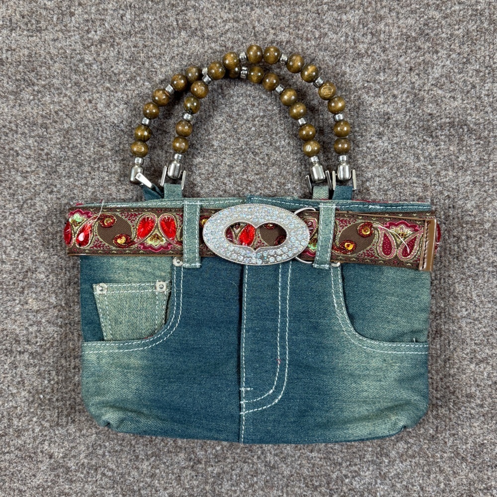 Vintage Y2K Denim Skirt Mini Handbag Beaded Top Handles Women’s Purse With Belt‎